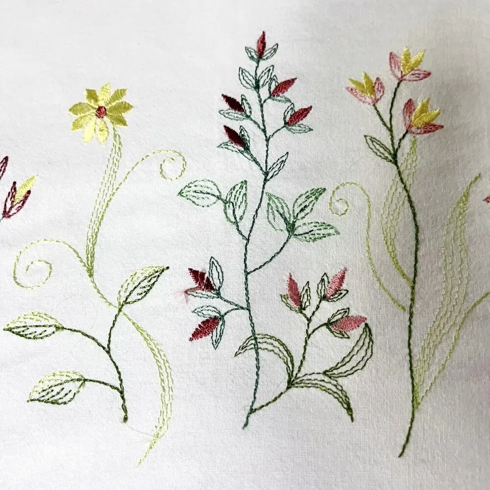 Pair of Embroidered Floral Cafe Curtains White Cotton Ladybug French Country